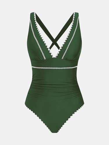 CUPSHE Women's One Piece Swimsuit V Neck Crisscross Back Self Tie Medium Green