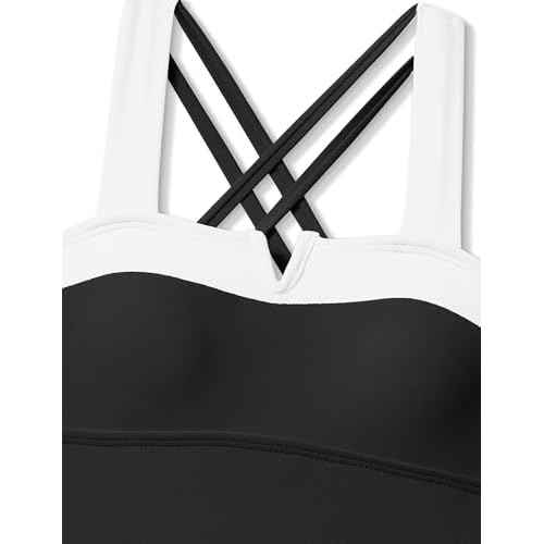 Shallmu Girls One Piece Swimsuits Color Block Dual Crossback Straps with Cover Up Skirt Girl's Swimwear 9-16Y