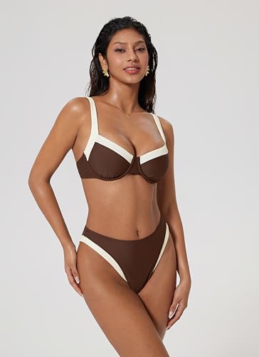 Women Color Block High Waisted Bikini Set Medium Beige Brown