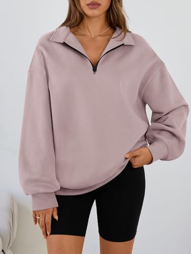 Medium Dark Pink Oversized Quarter Zip Fleece Sweatshirt for Women