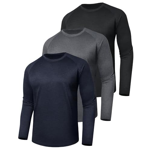 3 Pack Long Sleeve Shirts for Men - Quick Dry Moisture Wicking UV Sun Protection T-Shirts for Fishing Workout Athletic Gym