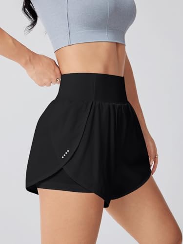 Women's High Waisted Athletic Running Shorts with Pockets - Black, Medium - Gym Yoga Beach Shorts