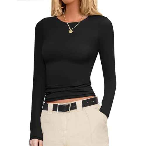 Ekouaer Womens Long Sleeve Shirts Fitted Tops Stretchy Base Layer Basic Tight Thermal Undershirt XS-XXL