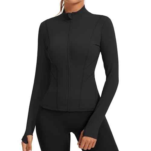 Rapbin Women's Slim Fit Workout Jackets Full Zip Long Sleeve Running Athletic Tops Yoga Shirts with Thumb Holes