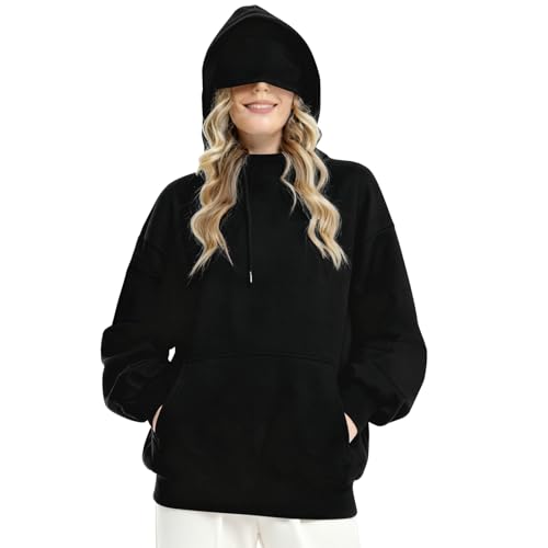 Unisex Travel Hoodie with Eye Mask - Large Black Fleece Sweatshirt for Fall Winter