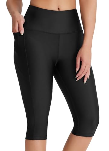 Women's Large Black 14-Inch Modest Swimsuit Tankini with High-Waisted Swim Shorts UPF50+