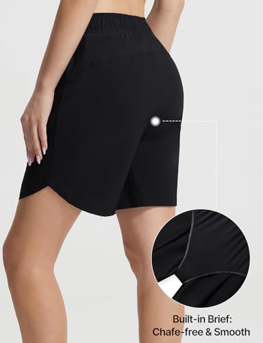 Women’s High Waisted Long Board Shorts - Black, Large, Quick Dry, Pockets