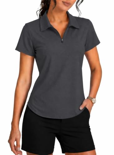 PINSPARK Women's Golf Polo Shirt Short Sleeve UPF 50+ 1/4 Zip Collar XL Dark Grey