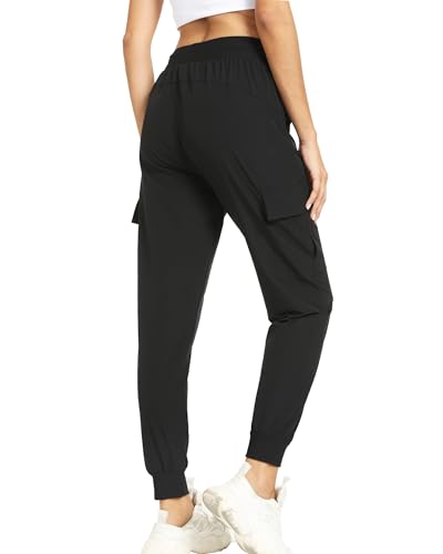 Women's Lightweight Hiking Cargo Joggers with 4 Pockets - Dark Black, Large