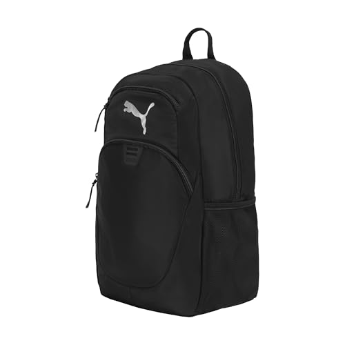PUMA Women's Poppy Backpack in Memory Cloth with Laptop Sleeve & Water Bottle Pocket - Black/Silver