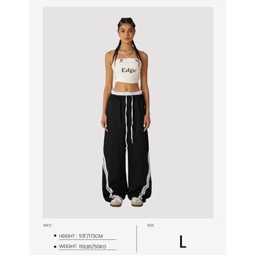 Aelfric Eden Double Waist Baggy Sweatpants Stripes Patchwork Wide Leg Casual Long Pants with Pockets