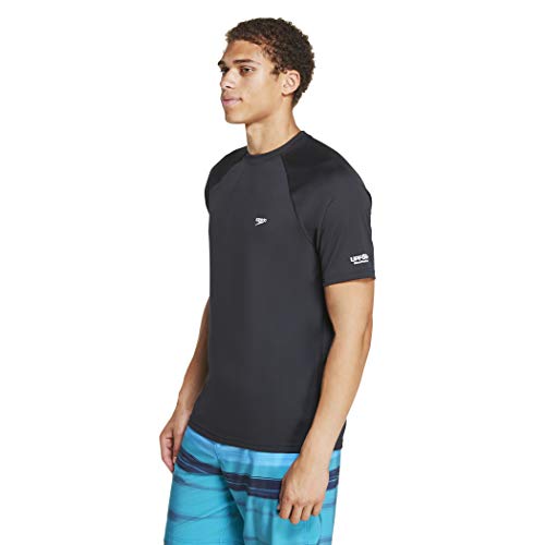 Speedo Men's UV Swim Shirt Short Sleeve Solid Large Black - Quick Dry Sun Protection