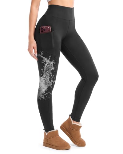 High Waisted Leggings for Women with Pockets - 26 Inch Fleece Lined Black