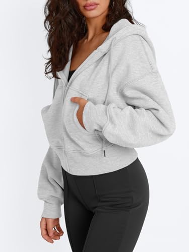 Trendy Queen Women's Zip Up Cropped Hoodie Grey Medium Drop Shoulder Casual Sweatshirt