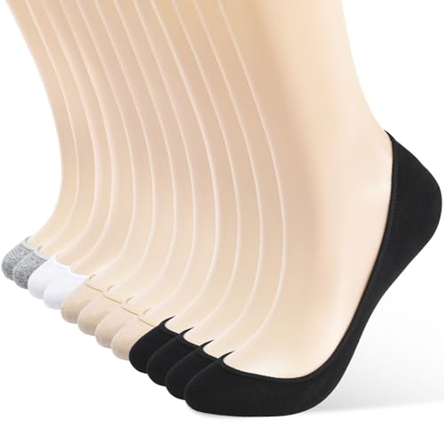 No Show Socks Women 12 Pairs Ultra Low Cut Invisible Non Slip Socks - Black, Nude, White, Grey Variation 9-11