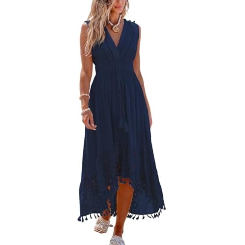 CUPSHE Women's Maxi Dress V Neck Sleeveless Lace Tassel Smocked Waist Cover Up Beach Formal Long Dress