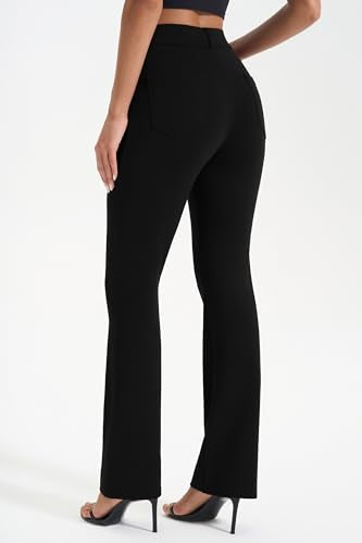 Women's Yoga Dress Pants - Stretchy Work Slacks, Straight Leg, 27" Black, Medium Height