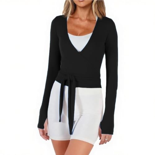 Women Crop Wrap Top Long Sleeve Activewear Shirt - Black, Small