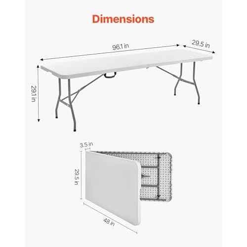VEVOR Folding Table, 8 Ft Heavy Duty Portable Fold-in-Half Utility Table, Indoor Outdoor Plastic Rectangle Table with Built in Handle, for Party, Dining, Wedding, Events, Picnic, Camping, White