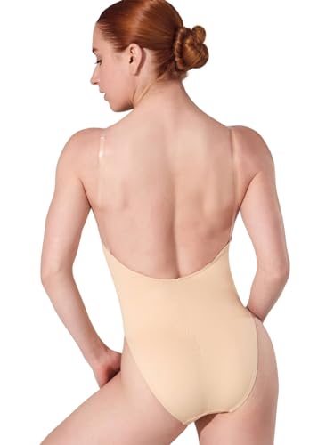 Women’s Camisole Leotard with Clear Adjustable Transition Straps - Large/Nude