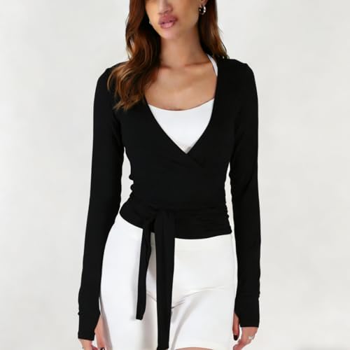 Women Crop Wrap Top Long Sleeve Activewear Shirt - Black, Small