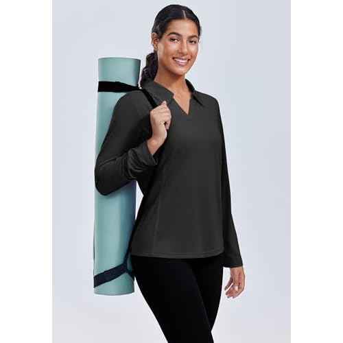 PINSPARK Long Sleeve Workout Tops for Women UPF 50+ Sun Shirts V Neck Quick Dry Golf Hiking Athletic Running Fishing Shirts
