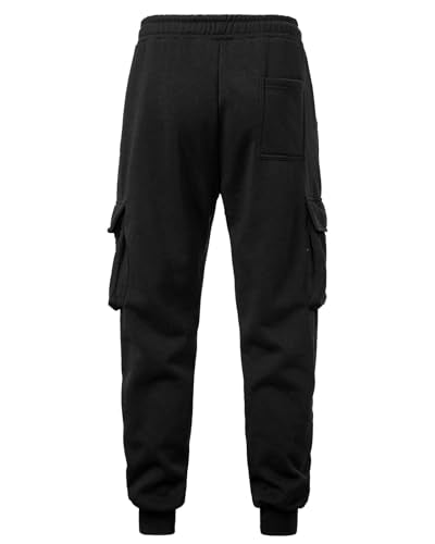 Men's Black Large Fleece Cargo Sweatpants - Cotton Tapered Joggers for Casual & Workout