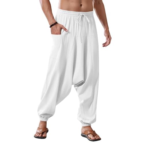 Runcati Mens Harem Pants Baggy Hippie Casual Cotton Linen Loose Boho Yoga Beach Drop Crotch Trouser