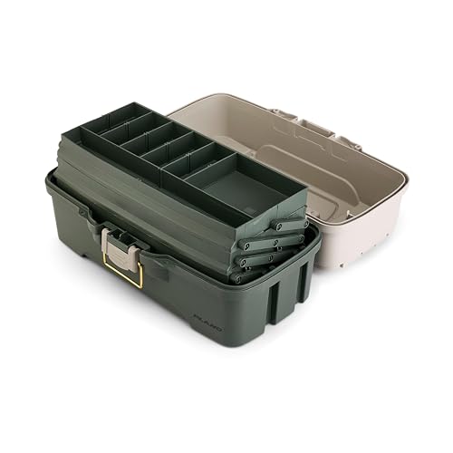 Fishing Tackle Box with Deep Storage and Top-Access Trays - Tan/Green, Rust-Proof Brass Latch, Portable Organizer - Bass Variation
