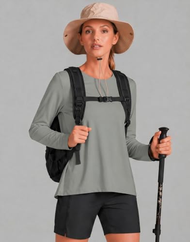 PINSPARK Women's Workout Tops UPF 50+ Loose Long Sleeve Athletic Shirt - Medium Sage Grey