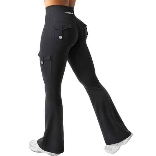 YEOREO CoreFlex Women Workout Flare Leggings with Pockets Hidden Scrunch High Waisted Cargo Gym Yoga No Front Seam Leggings