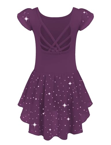 Girls Ruffle Sleeve Ballet Leotard with Criss-Cross Back - Dark Purple, 6-7 Years