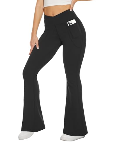 Black Flare Leggings for Women - Crossover Yoga Pants with Pockets - Small, V Rise-Two Pocket