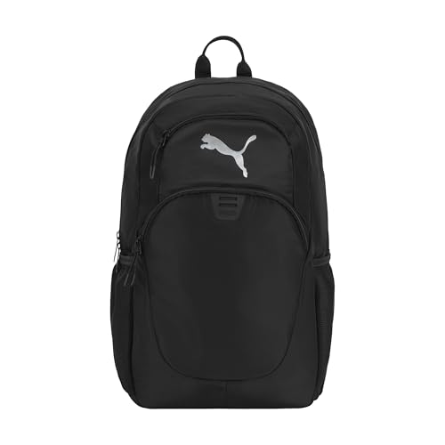 PUMA Women's Poppy Backpack in Memory Cloth with Laptop Sleeve & Water Bottle Pocket - Black/Silver