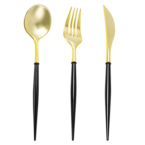 N9R Disposable Gold Plastic Silverware Set - Black Handles, 150PCS