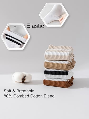 Women’s Striped Cotton Crew Socks - 4 Pairs, Size 5-10, White Coffee Brown Beige