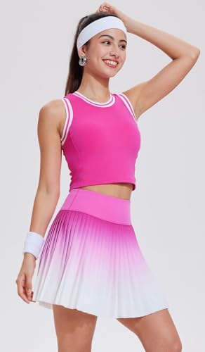 Women Pleated Tennis Skirt Set - Golf & Pickleball Athletic Outfit with Built-in Shorts, Hot Pink, Medium