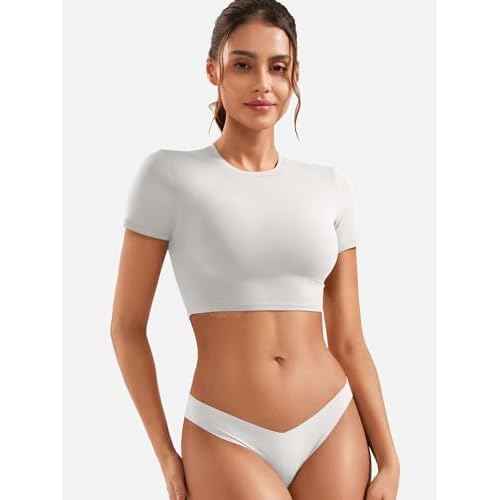 VOYJOY Womens Double Lined Fitted Short Sleeve Crop Tops Crew Neck Casual Workout T Shirts Cute Basic Tee