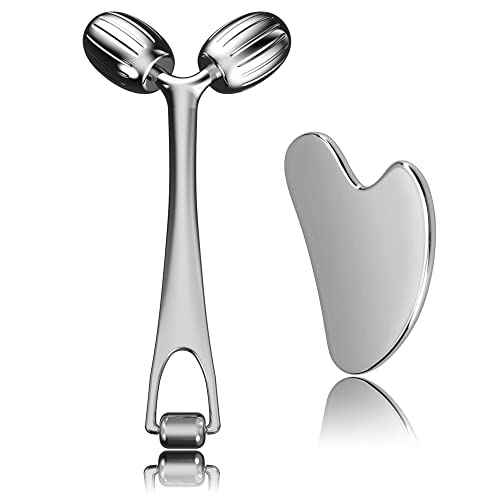 Yeamon Gua Sha Facial Tools and Face Roller Set, Facial Massage Tool for Women¡¯s Skincare Routine,Cooling Stainless Steel Face Sculpting Eyes Roller Guasha for Daily Use or Self-Care Gift for Women