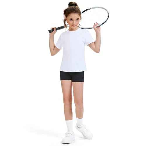 HASMES Girls Athletic Shirts Short Sleeve Active T-Shirts,Basic Tee Tops,Sports Activewear for Kids Teens