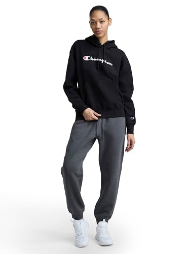 Champion Women's Pullover Fleece Hoodie Large Black Loose Fit Midweight Script Logo