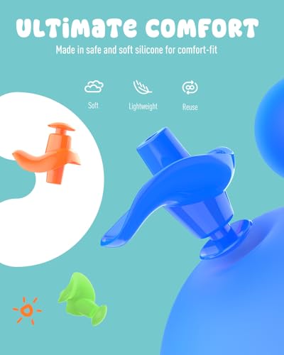 Kids Swimming Ear Plugs 3 Pairs Waterproof Silicone Reusable Bathing & Water Sports (Blue, Orange, Green)