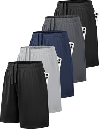 Boys Athletic Shorts 5 Pack - Quick Dry Basketball Shorts with Pockets, Medium / Black, Grey, Navy