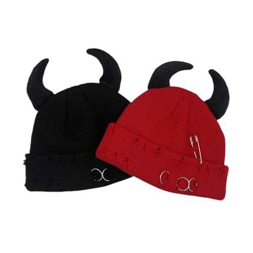 Gothic Devil Horn Knitted Beanies for Women Men Y2K Funny Crochet Skull Hat Warm Winter Cap Halloween Accessories