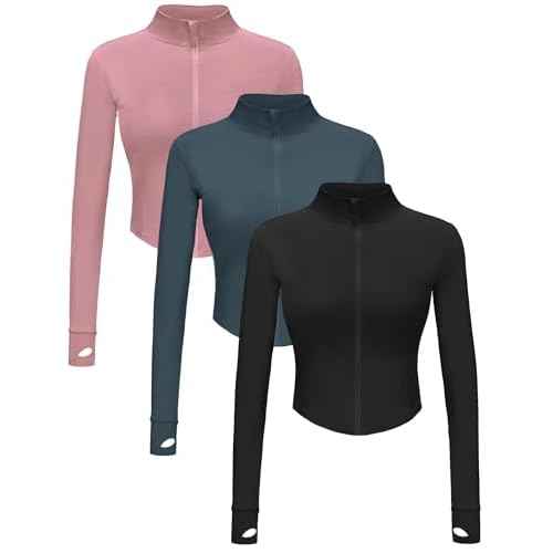 Dalavch 3 Pack Womens Cropped Full Zip up Workout Jacket Slim Fit Running Athletic Gym Yoga Sports Jacket with Thumb Holes