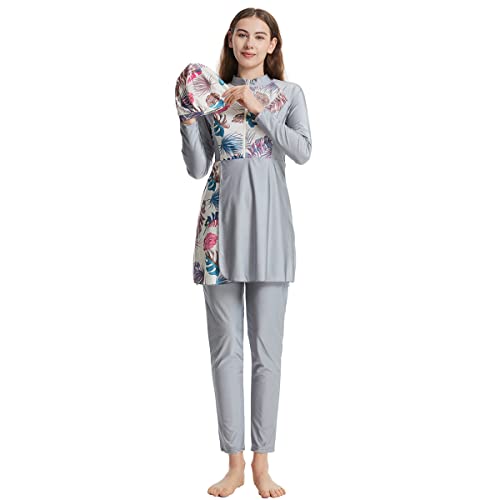 Modest Burkini Swimsuit for Women with Long Sleeve, Built-in Bra, Pants & Hijab - Medium Gray