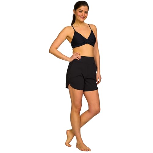 High Waisted Women's Swim Shorts - 5 Inch Inseam, Black, Medium