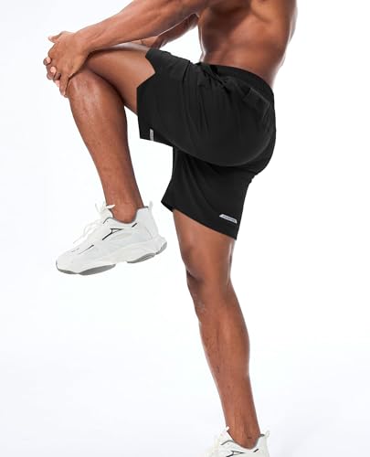 X-Large Men's 2-in-1 Running Shorts 7 Inch Inseam Quick Dry Gym Sports with Phone Pockets - Black
