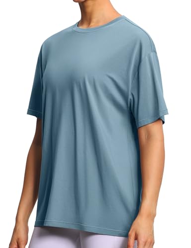 Women's Oversized Workout T-Shirt - Crewneck Basic Gym Top, Large Grey Blue