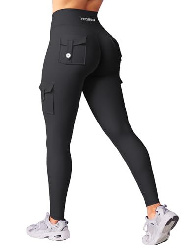 Women’s Workout Cargo Leggings with 4 Pockets, 25-Inch Inseam, Medium, Black